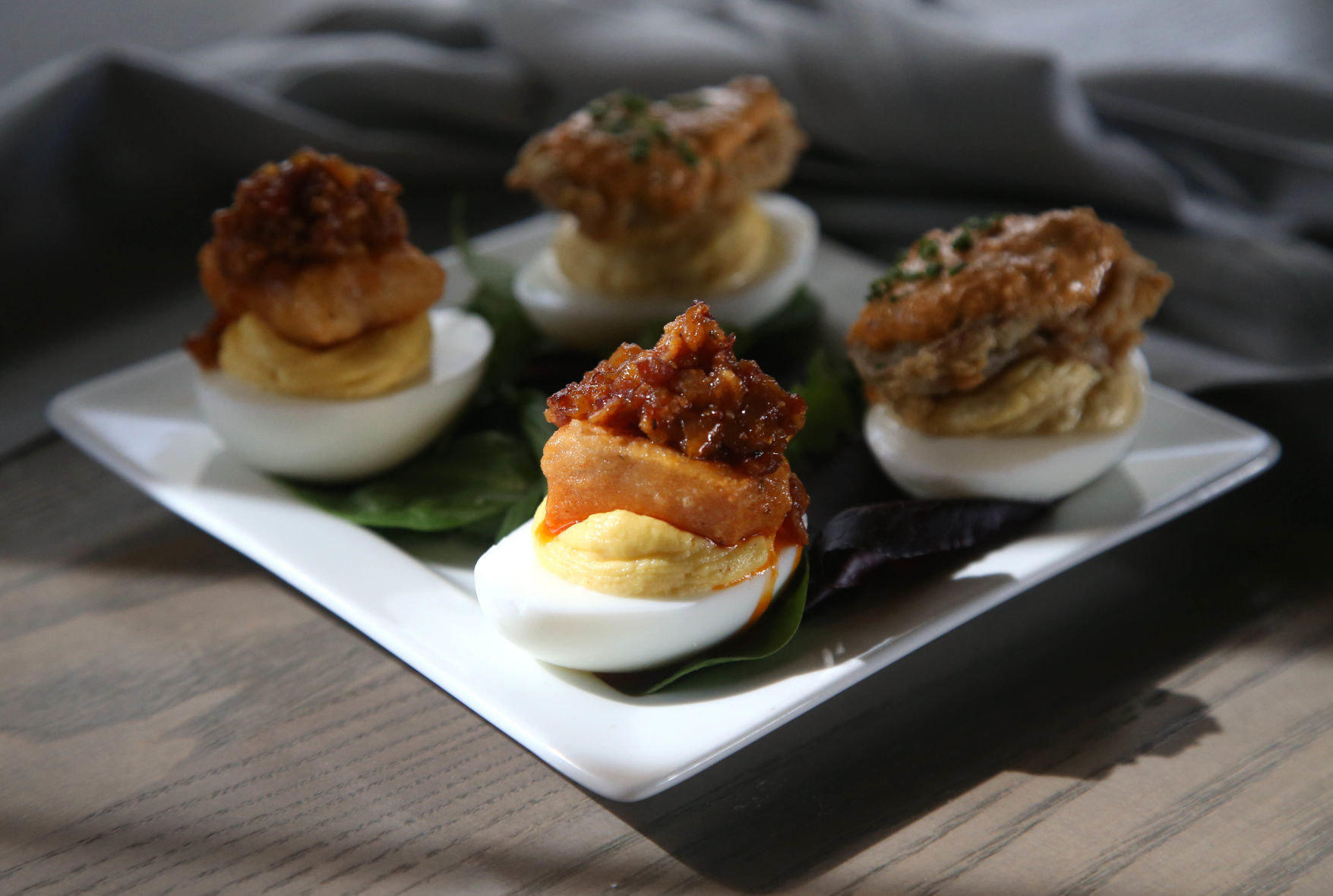 Deviled Eggs with Fried Oysters and Spicy Remoulade